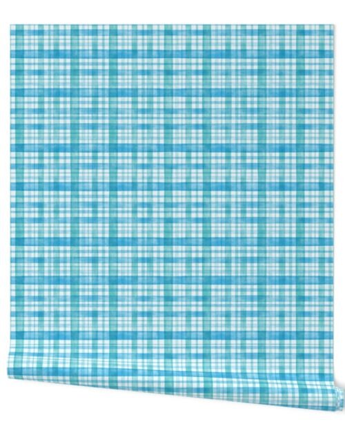 Aqua Blue and Teal Watercolor Tartan Checked Plaid Wallpaper