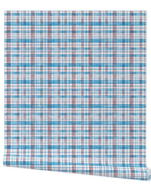 Mid Blue and Rose Watercolor Tartan Checked Plaid Wallpaper