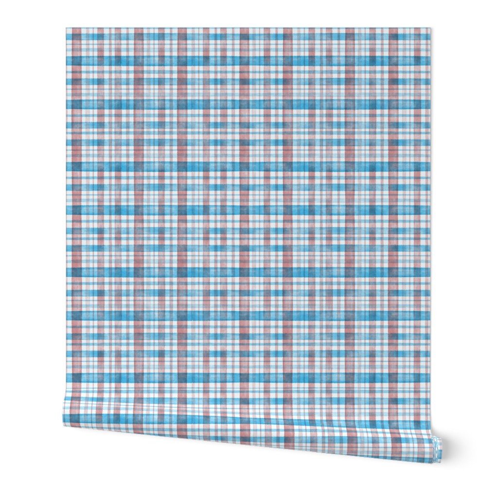 Mid Blue and Rose Watercolor Tartan Checked Plaid Wallpaper Mid Blue and Rose Watercolor Tartan Checked Plaid Wallpaper