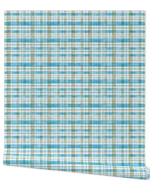 Aqua Blue and Brown Watercolor Tartan Checked Plaid Wallpaper