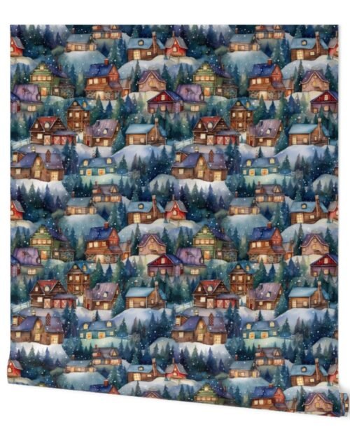 Small Christmas Rustic Country Winter Cabins Watercolor Wallpaper