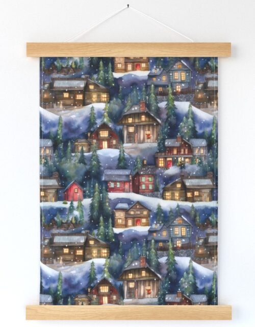 Small Christmas Christmas Rustic Village Winter Cabins Watercolor Wall Hanging