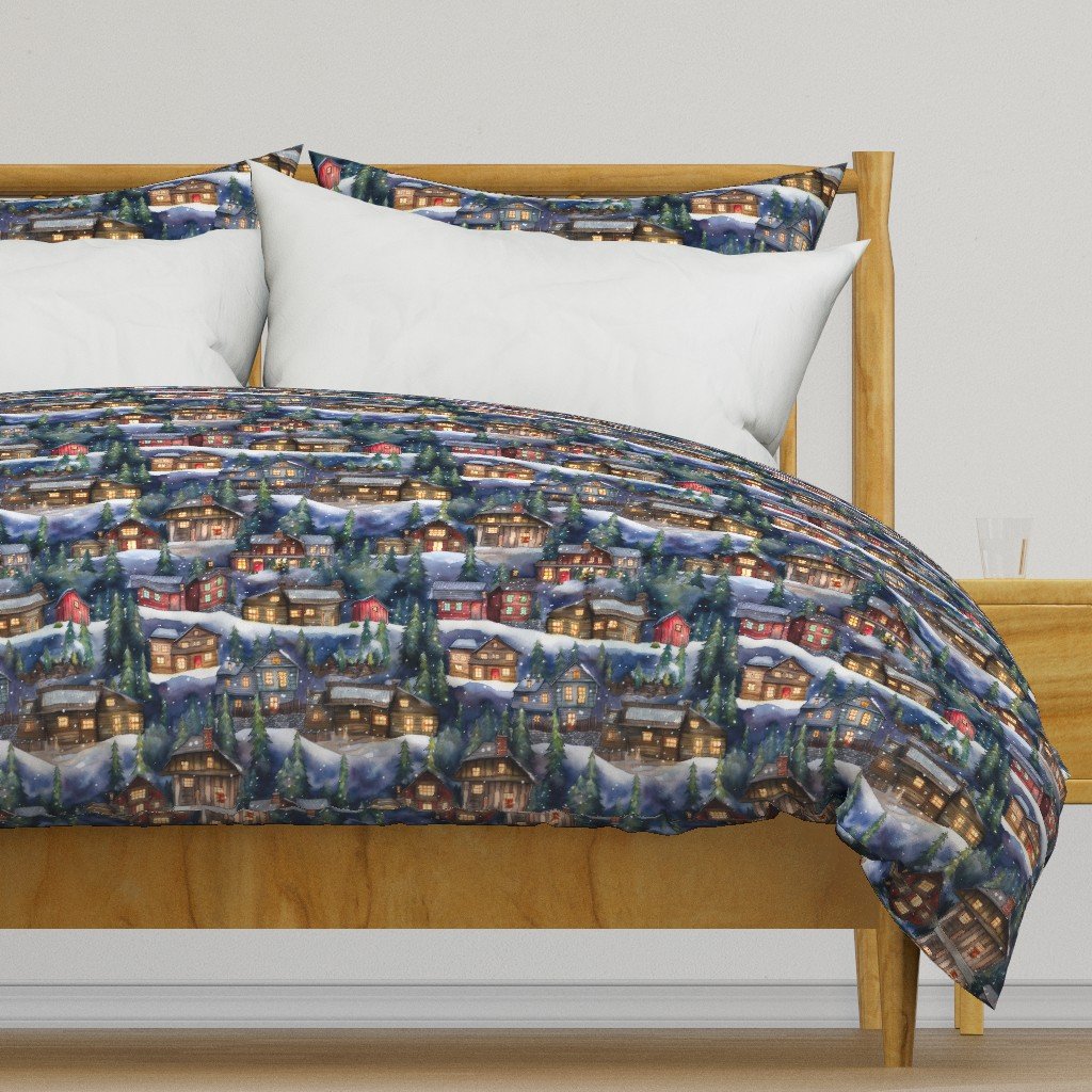 Small Christmas Christmas Rustic Village Winter Cabins Watercolor Duvet Cover Small Christmas Christmas Rustic Village Winter Cabins Watercolor Duvet Cover