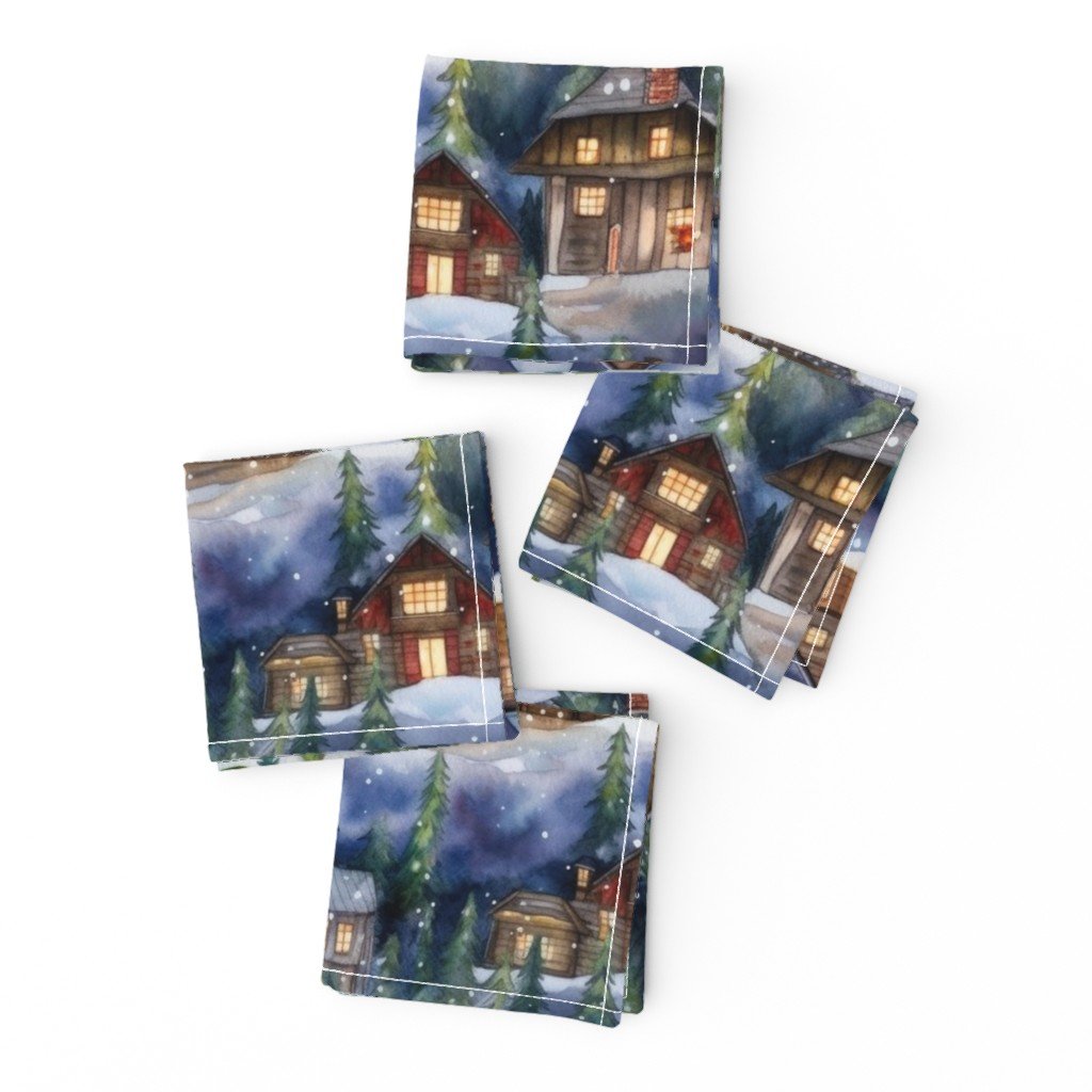 Small Christmas Christmas Rustic Village Winter Cabins Watercolor Cocktail Napkins Small Christmas Christmas Rustic Village Winter Cabins Watercolor Cocktail Napkins