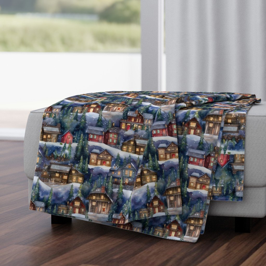 Small Christmas Christmas Rustic Village Winter Cabins Watercolor Throw Blanket Small Christmas Christmas Rustic Village Winter Cabins Watercolor Throw Blanket
