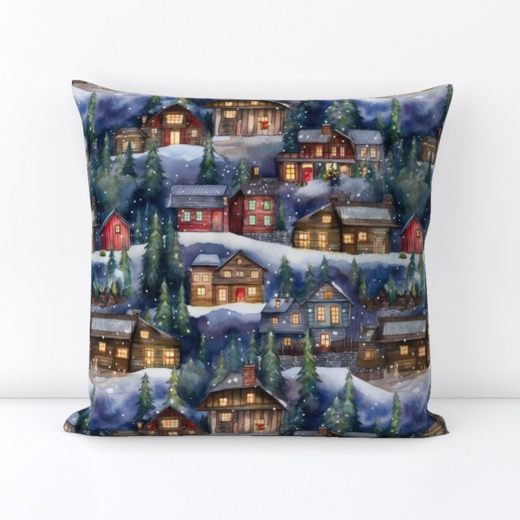 Small Christmas Christmas Rustic Village Winter Cabins Watercolor Square Throw Pillow Small Christmas Christmas Rustic Village Winter Cabins Watercolor Square Throw Pillow
