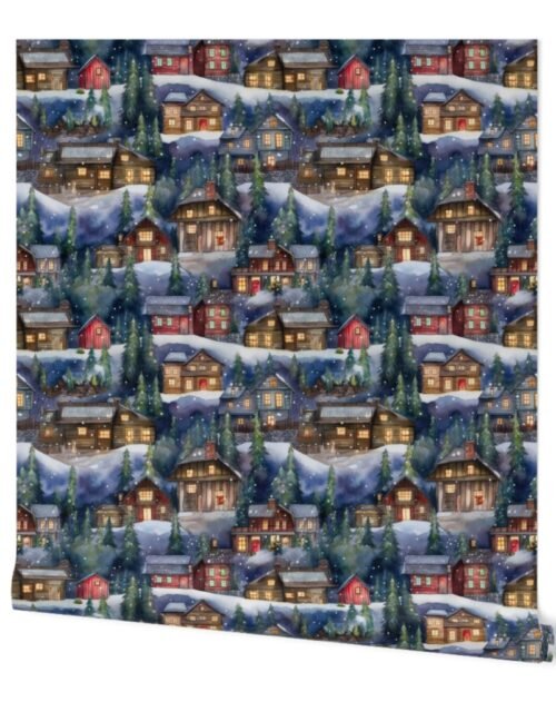 Small Christmas Christmas Rustic Village Winter Cabins Watercolor Wallpaper