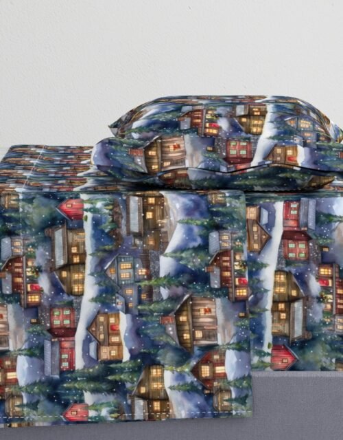 Small Christmas Christmas Rustic Village Winter Cabins Watercolor Sheet Set