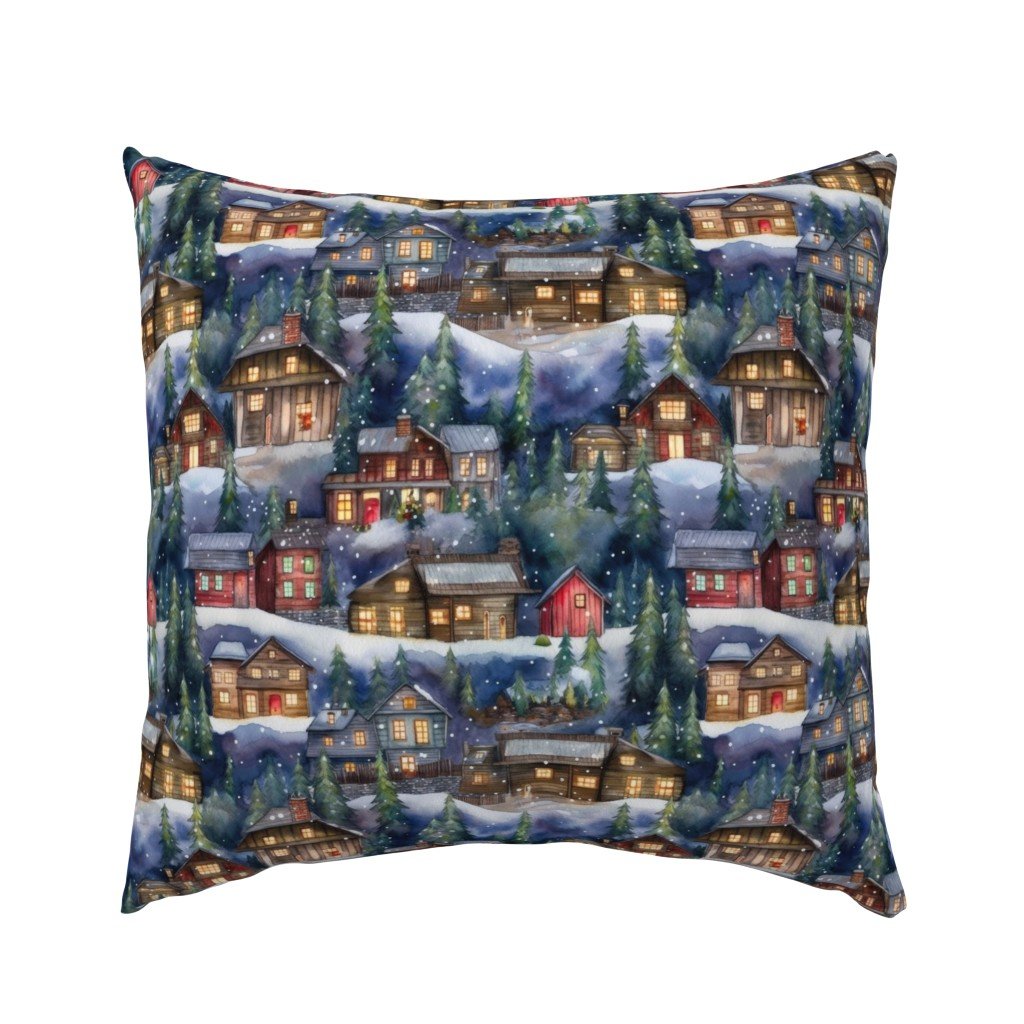 Small Christmas Christmas Rustic Village Winter Cabins Watercolor Euro Pillow Sham Small Christmas Christmas Rustic Village Winter Cabins Watercolor Euro Pillow Sham