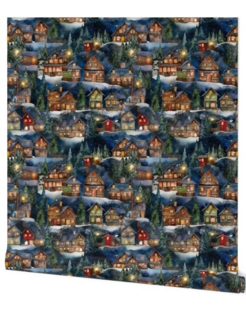 Small Christmas Christmas Rustic Winter Mountainside Cabins Watercolor Wallpaper