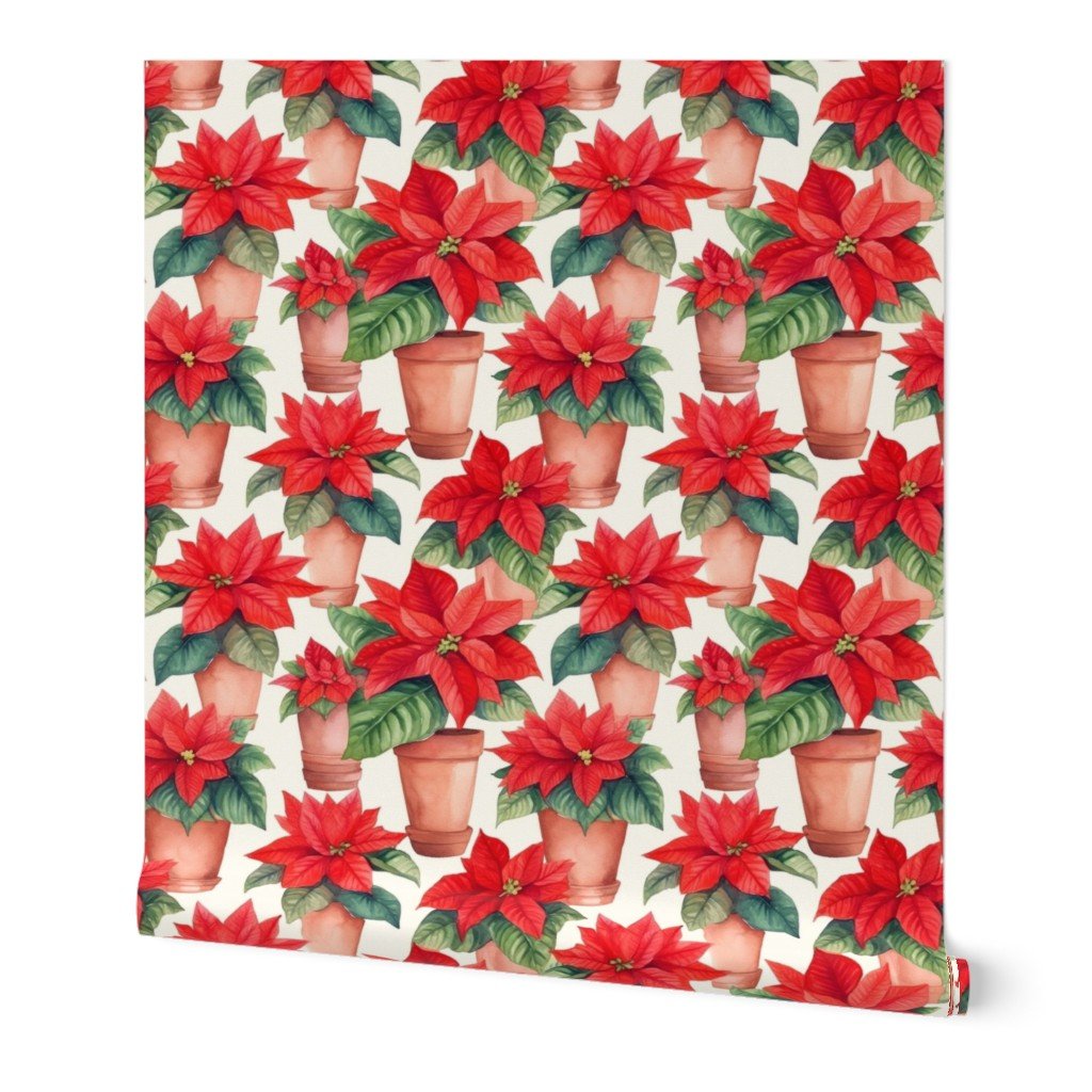 Potted Red Christmas Poinsettias Watercolor on White Wallpaper Potted Red Christmas Poinsettias Watercolor on White Wallpaper