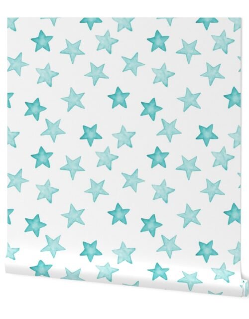 Large Faded Aqua Christmas Stars on White Wallpaper