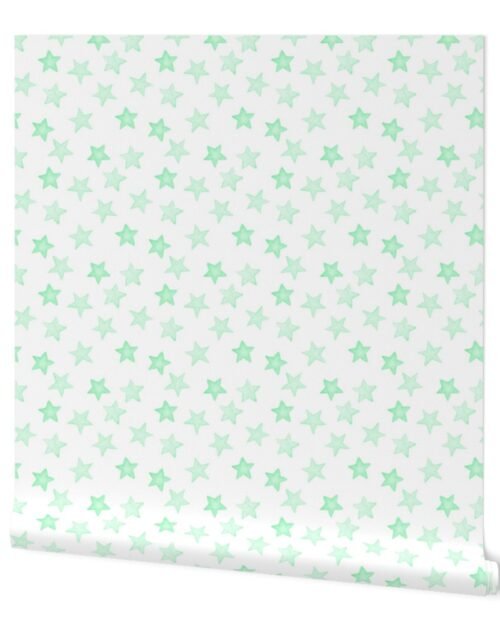 Faded Mint Christmas Stars on White Wallpaper