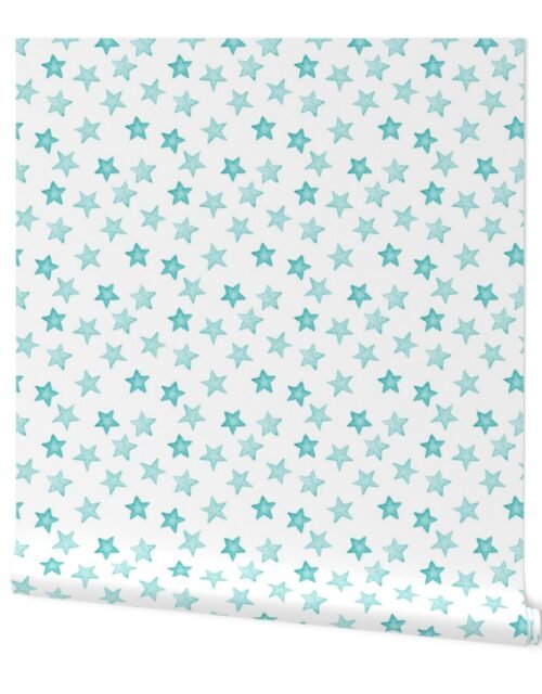 Faded Aqua Christmas Stars on White Wallpaper