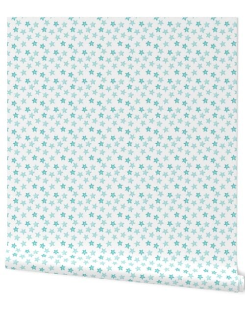 Small Faded Aqua Christmas Stars on White Wallpaper