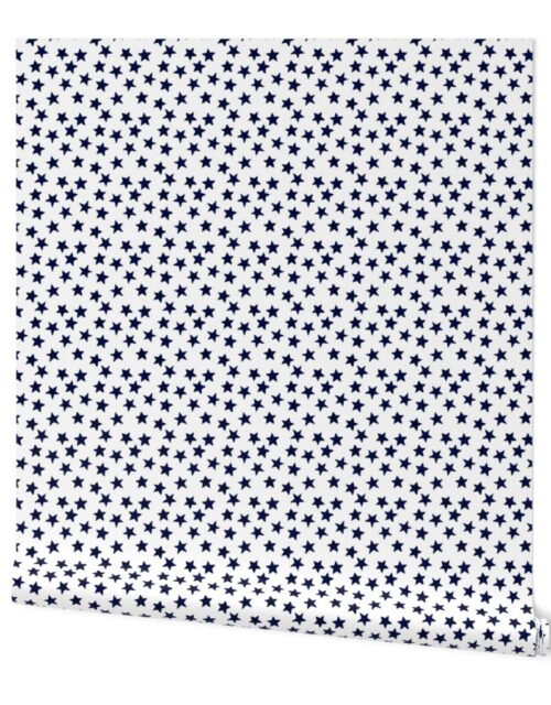 Small Faded Midnight Blue Christmas Stars on White Wallpaper