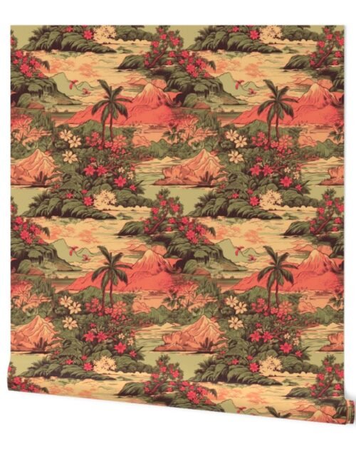 Small Vintage Hawaiian Landscape in Sage Green and Orange Wallpaper