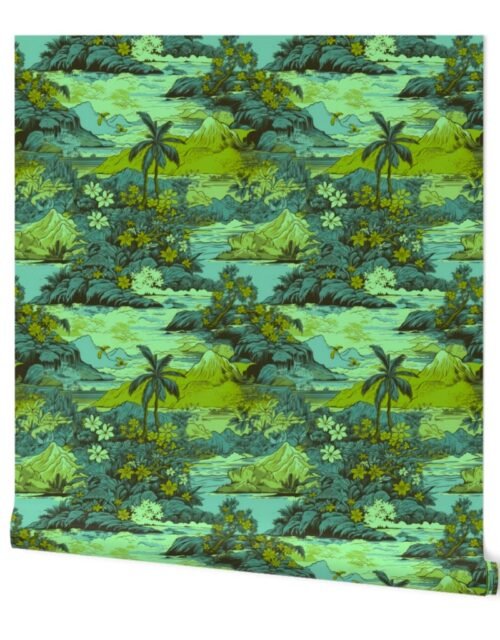 Small Vintage Hawaiian Landscape in Lime and Aqua Wallpaper