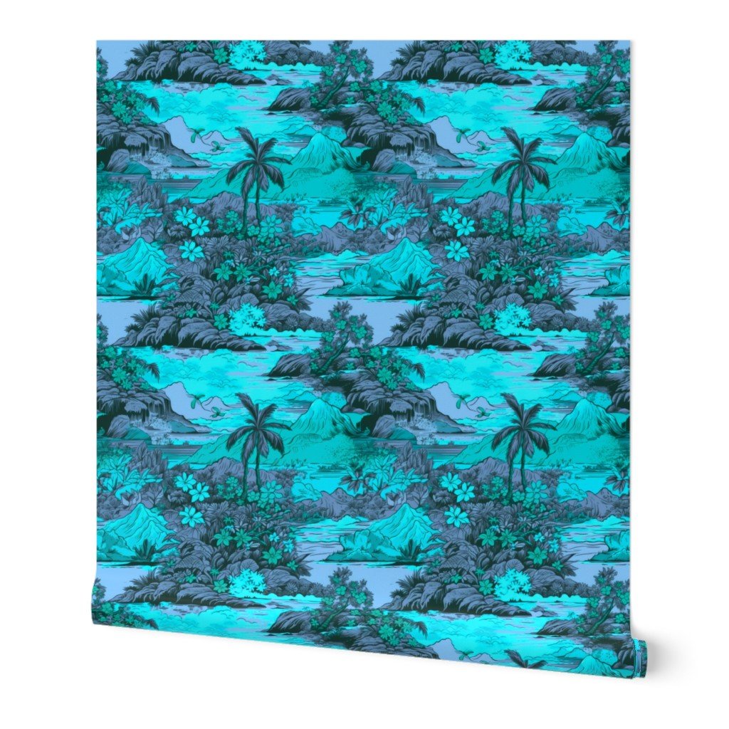 Small Vintage Hawaiian Landscape in Aqua and Violet Wallpaper Small Vintage Hawaiian Landscape in Aqua and Violet Wallpaper