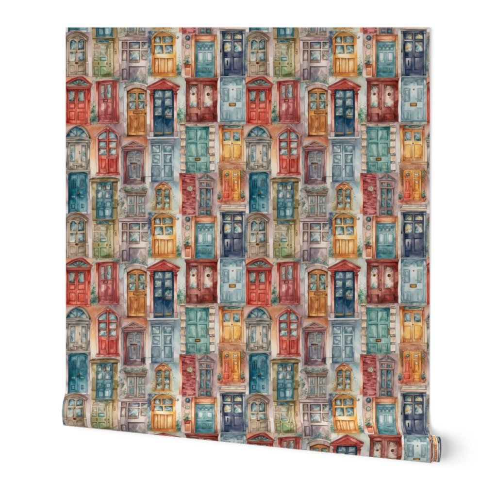 Architectural Doors in Multicolor Watercolors Wallpaper Architectural Doors in Multicolor Watercolors Wallpaper