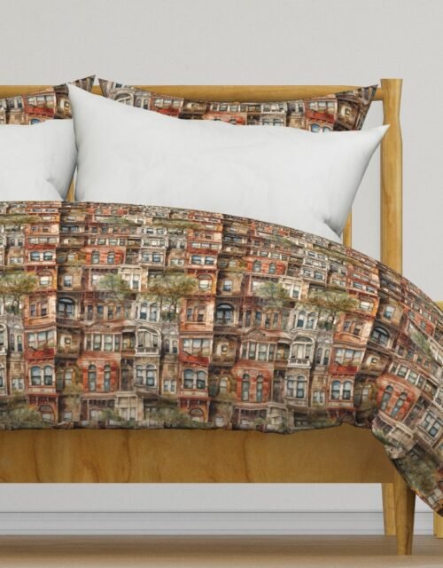 Brownstone Buildings in Varied Tones of Brown Watercolor Duvet Cover