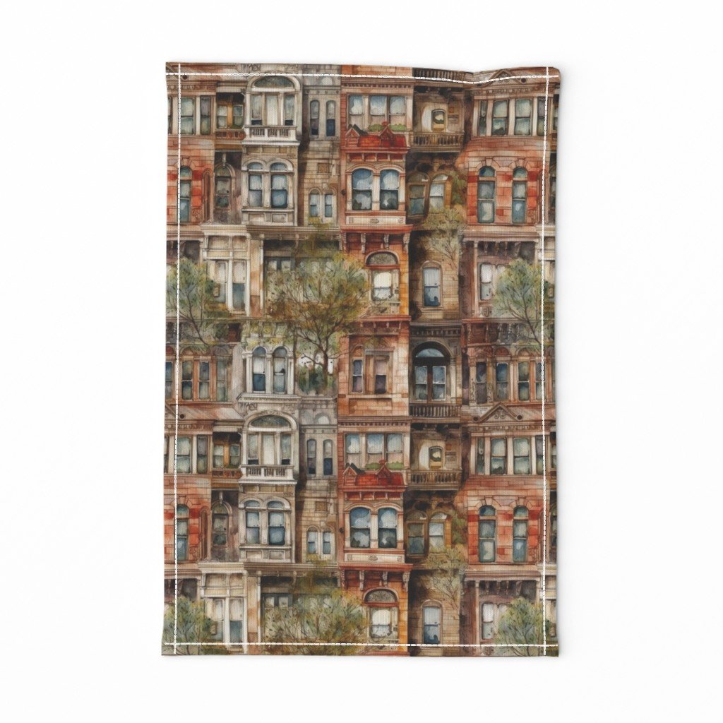 Brownstone Buildings in Varied Tones of Brown Watercolor Tea Towel Brownstone Buildings in Varied Tones of Brown Watercolor Tea Towel