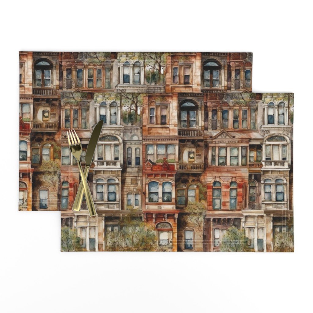 Brownstone Buildings in Varied Tones of Brown Watercolor Placemats Brownstone Buildings in Varied Tones of Brown Watercolor Placemats