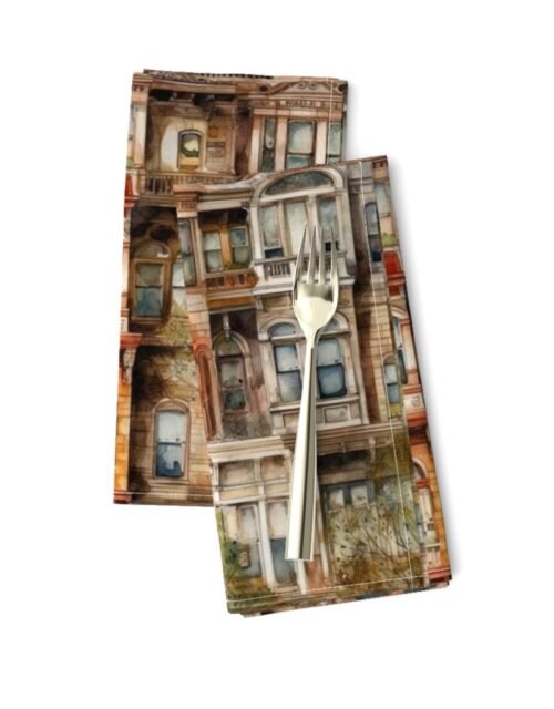 Brownstone Buildings in Varied Tones of Brown Watercolor Dinner Napkins