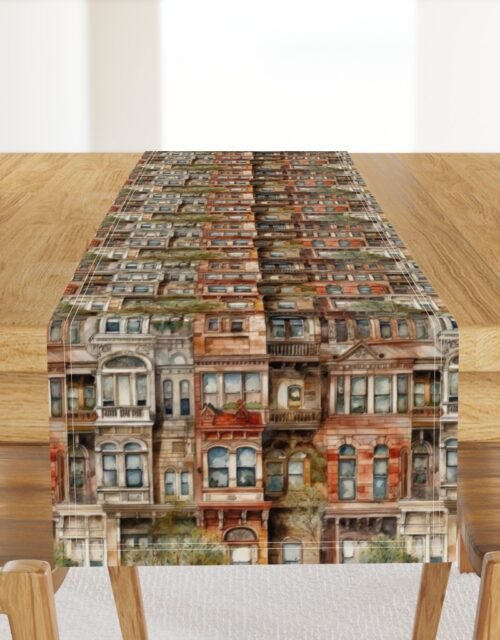 Brownstone Buildings in Varied Tones of Brown Watercolor Table Runner