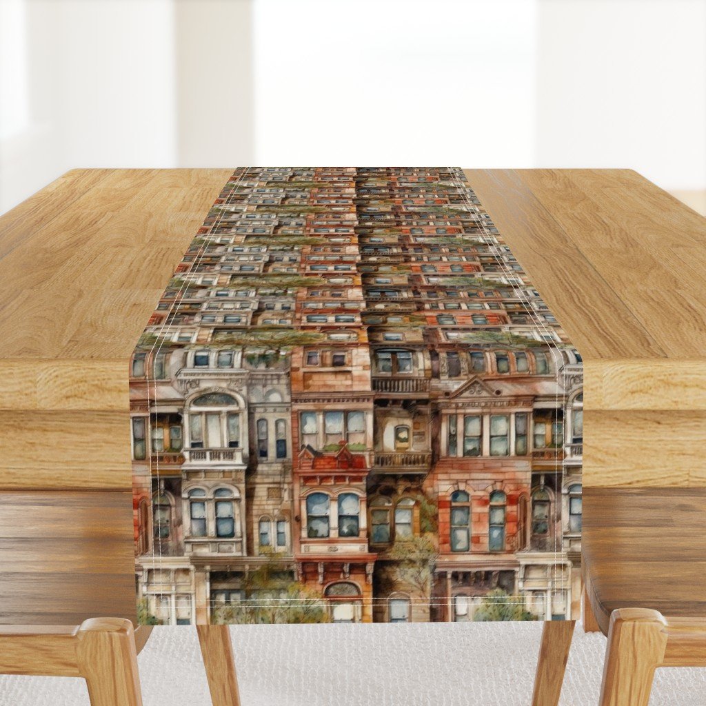 Brownstone Buildings in Varied Tones of Brown Watercolor Table Runner Brownstone Buildings in Varied Tones of Brown Watercolor Table Runner