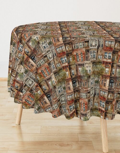Brownstone Buildings in Varied Tones of Brown Watercolor Round Tablecloth