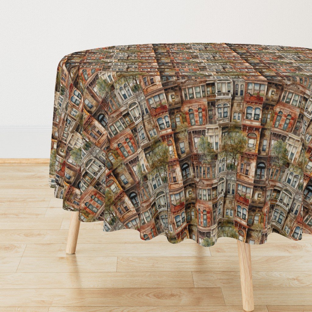 Brownstone Buildings in Varied Tones of Brown Watercolor Round Tablecloth Brownstone Buildings in Varied Tones of Brown Watercolor Round Tablecloth