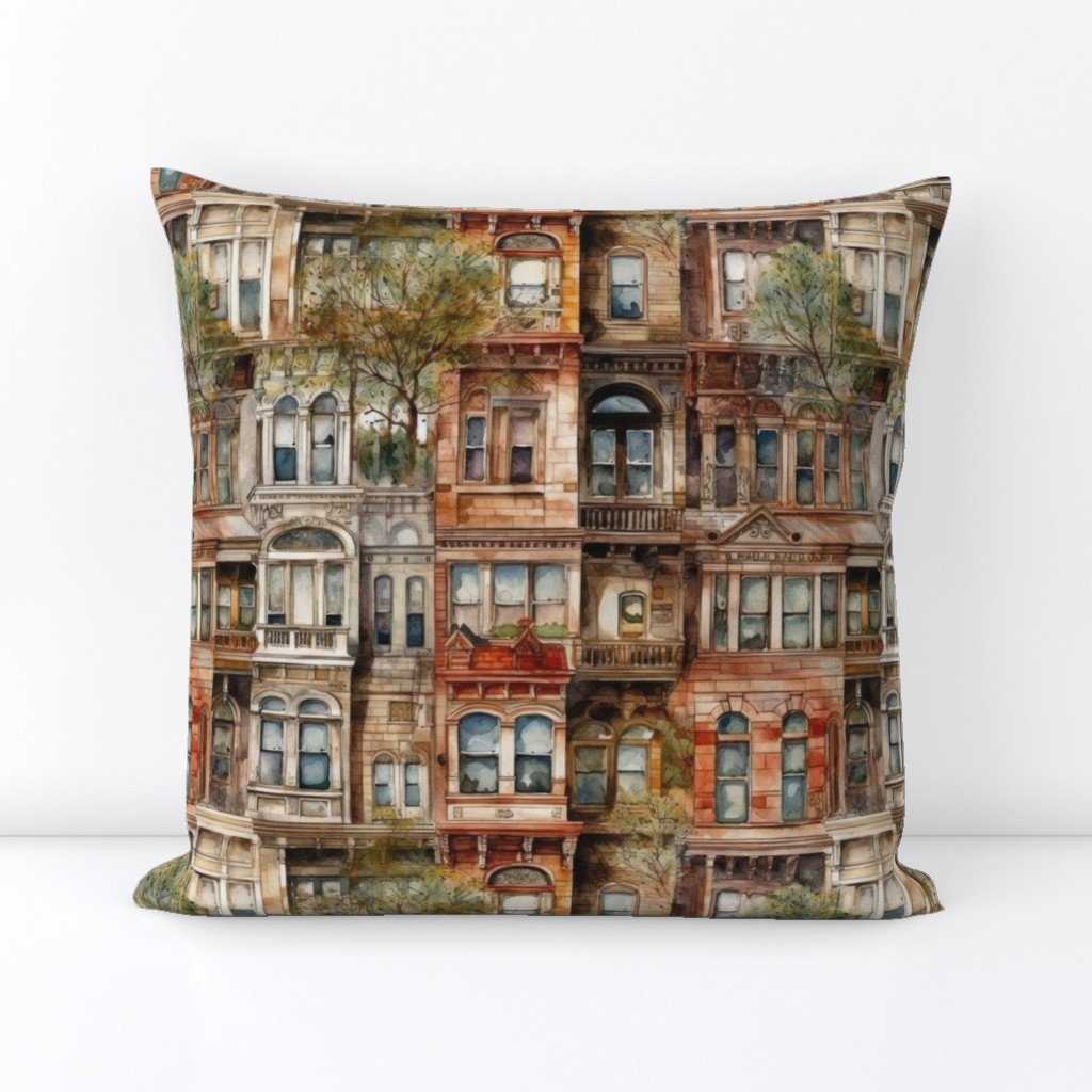 Brownstone Buildings in Varied Tones of Brown Watercolor Square Throw Pillow Brownstone Buildings in Varied Tones of Brown Watercolor Square Throw Pillow