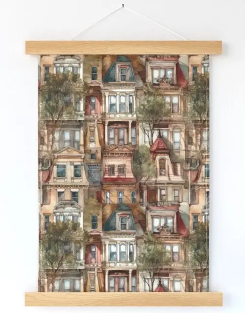 Brownstone Buildings in Varied Tones of Brown Watercolor Wall Hanging
