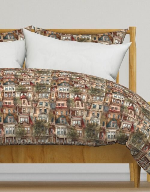 Brownstone Buildings in Varied Tones of Brown Watercolor Duvet Cover