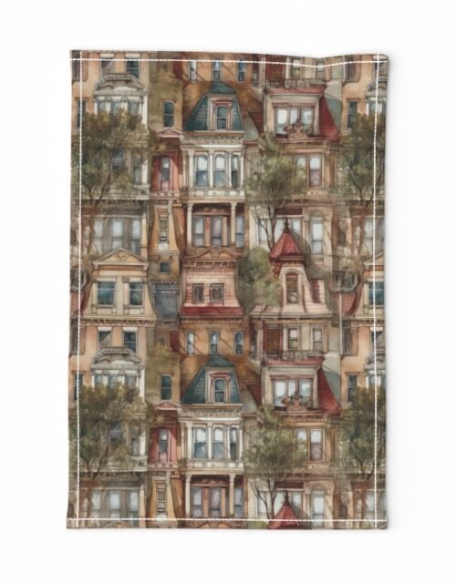 Brownstone Buildings in Varied Tones of Brown Watercolor Tea Towel