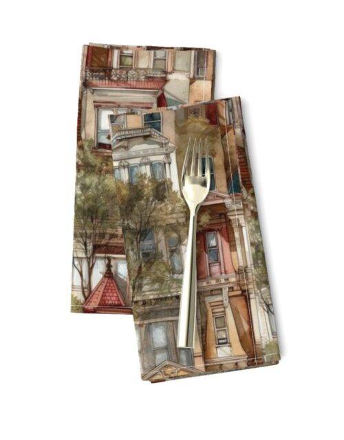 Brownstone Buildings in Varied Tones of Brown Watercolor Dinner Napkins