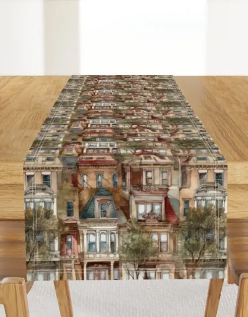 Brownstone Buildings in Varied Tones of Brown Watercolor Table Runner