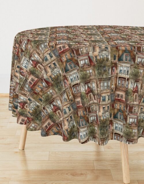 Brownstone Buildings in Varied Tones of Brown Watercolor Round Tablecloth