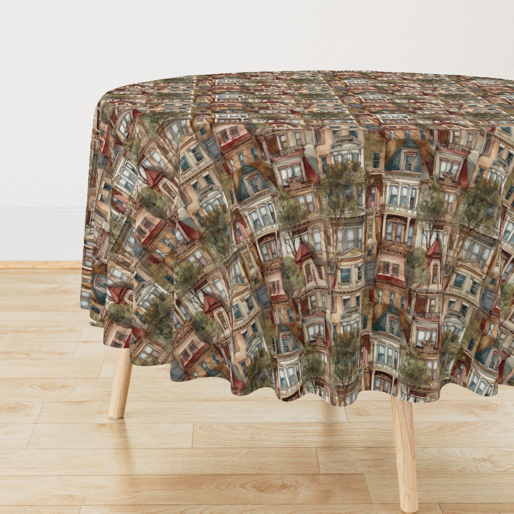 Brownstone Buildings in Varied Tones of Brown Watercolor Round Tablecloth Brownstone Buildings in Varied Tones of Brown Watercolor Round Tablecloth
