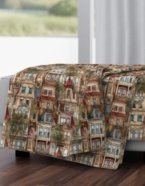 Brownstone Buildings in Varied Tones of Brown Watercolor Throw Blanket