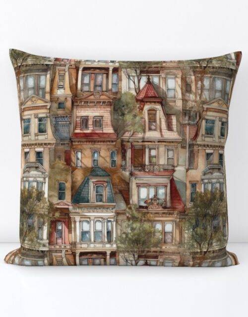 Brownstone Buildings in Varied Tones of Brown Watercolor Square Throw Pillow
