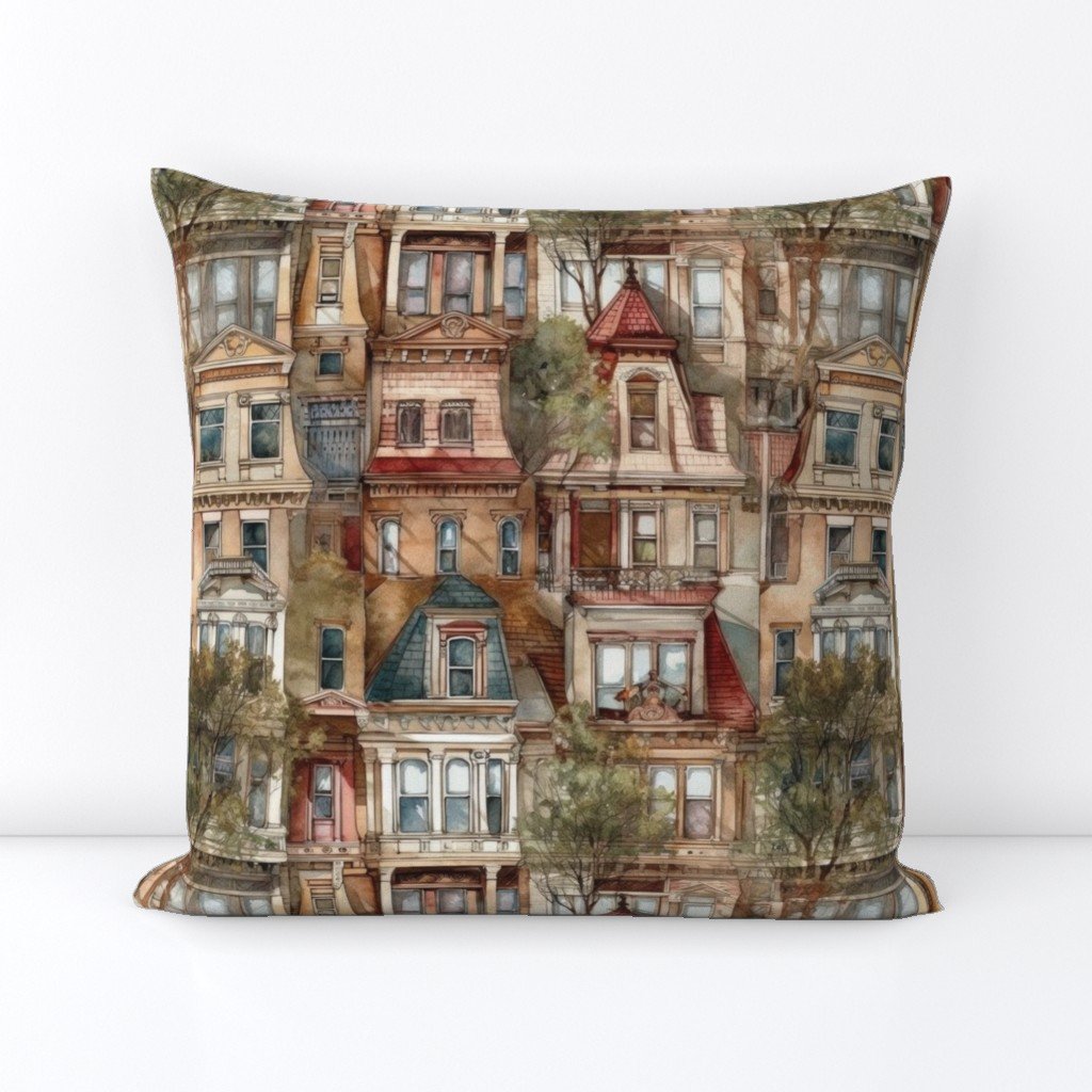 Brownstone Buildings in Varied Tones of Brown Watercolor Square Throw Pillow Brownstone Buildings in Varied Tones of Brown Watercolor Square Throw Pillow