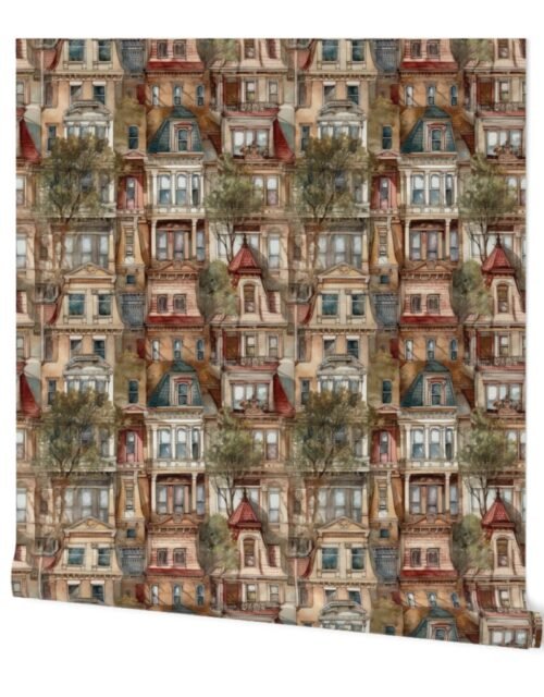 Brownstone Buildings in Varied Tones of Brown Watercolor Wallpaper