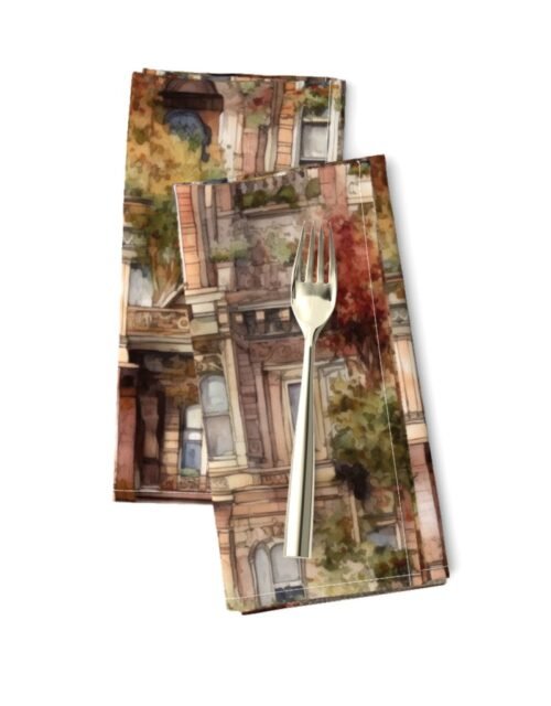 Brownstone Buildings in Varied Tones of Brown Watercolor Dinner Napkins