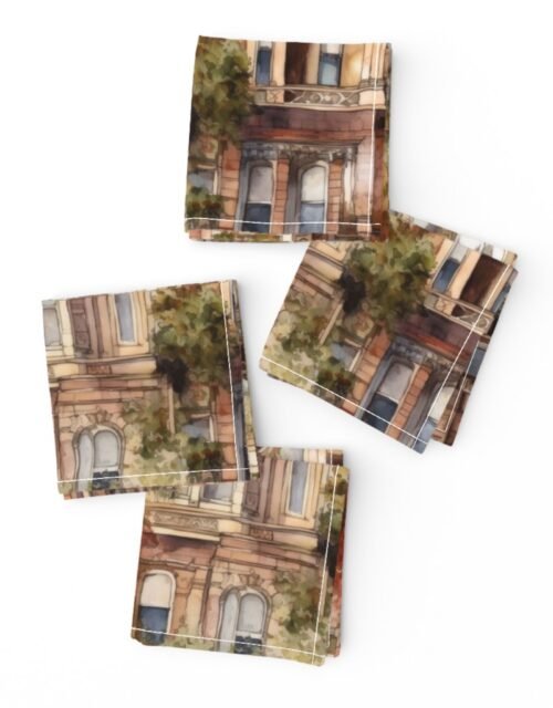 Brownstone Buildings in Varied Tones of Brown Watercolor Cocktail Napkins