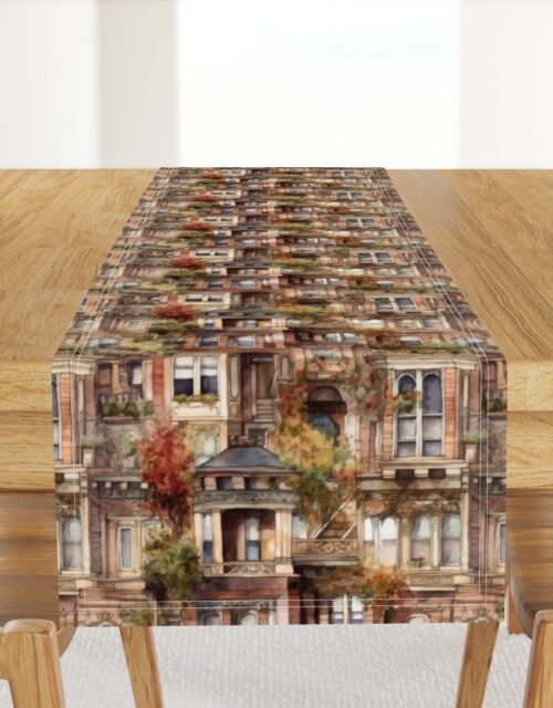 Brownstone Buildings in Varied Tones of Brown Watercolor Table Runner