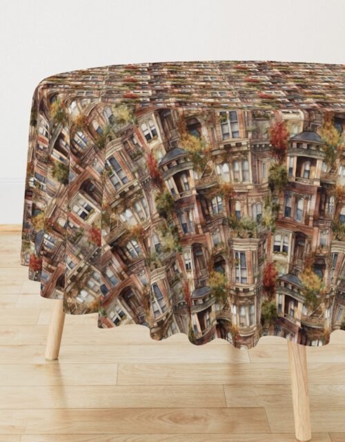 Brownstone Buildings in Varied Tones of Brown Watercolor Round Tablecloth
