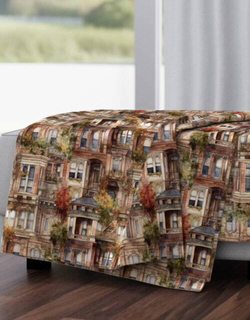 Brownstone Buildings in Varied Tones of Brown Watercolor Throw Blanket