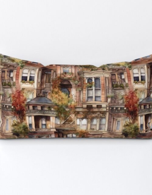 Brownstone Buildings in Varied Tones of Brown Watercolor Lumbar Throw Pillow